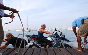 Offloading bike at the pier in Cartagena, Colombia.