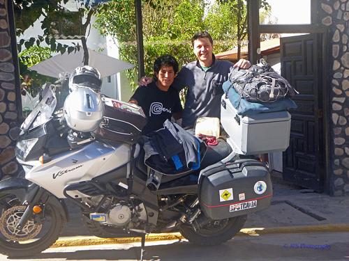 John and Alanna Skillington, bike at hotel, Ollantaytambo, Peru.