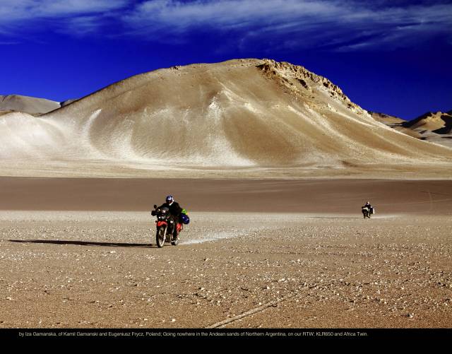 by Iza Gamanska, of Kamil Gamanski and Eugeniusz Frycz, Poland, Going nowhere in the Andean sands of Northern Argentina, on our RTW 2008-2011, 2008 KLR650 and 2000 Africa Twin.