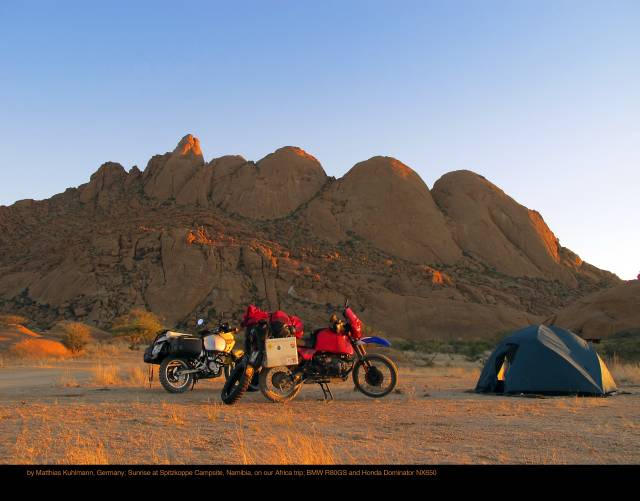 by Matthias Kuhlmann, Germany; Sunrise at Spitzkoppe Campsite, Namibia, on our Africa trip; BMW R80GS and Honda Dominator NX650.