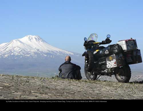 May: by Katka Svozilova of Martin Hak, Czech Republic. Amazing morning close to Hasan Dagi, Turkey on our tour to Middle East; BMW R1150GS Adventure.