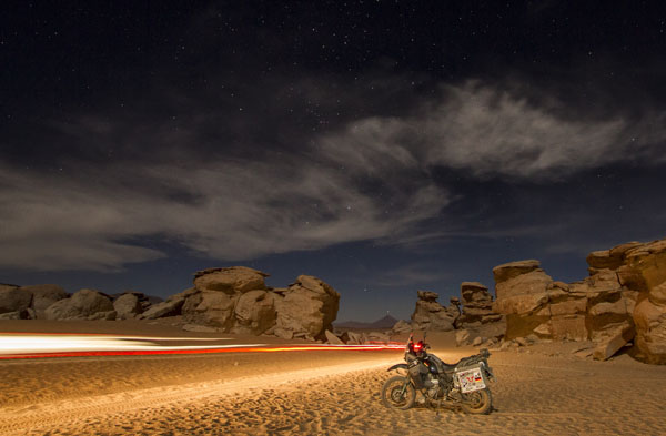 Photo by Daniel Rintz (Germany) of himself from a tripod - Near the Rocktree in the desert of south Bolivia - Riding by a friend's Ténéré on our RTW tour in 2015. BMW R1200GS and Yamaha Ténéré 660. www.open-explorers.com.