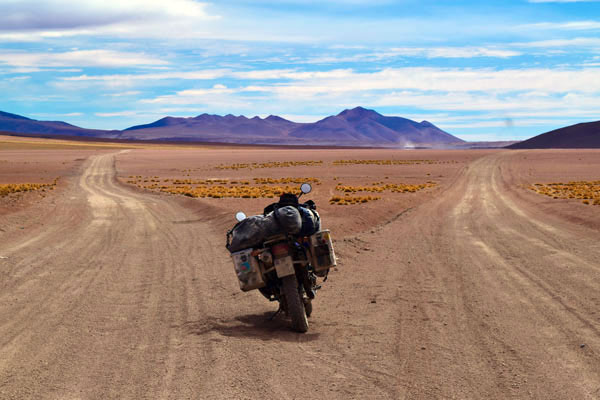 Photo by Moritz Alexy (Germany) - Riding the sandy Lagunas route from Chile to Bolivia on his RTW tour - 2001 Honda Transalp. www.1world2go.com.