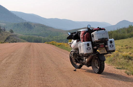 Richard's bike on dusty road.