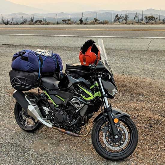 Craig's 400cc Kawasaki motorcycle, fully loaded and fully capable.