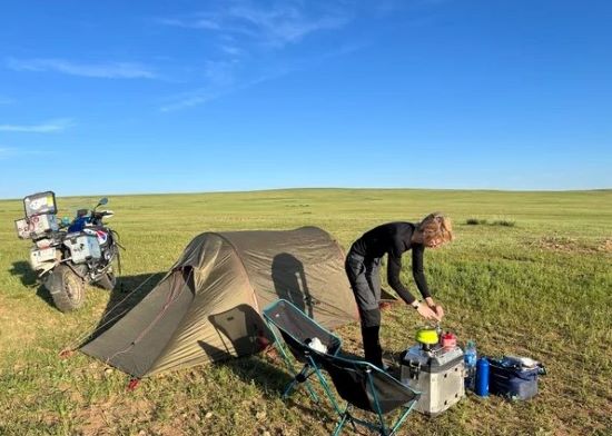 Delphine and Teddy Bachelin, Camping on Mongolian steppe.