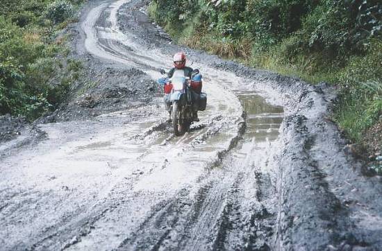 Werner Zwick on muddy road in Yungas, Bolivia.