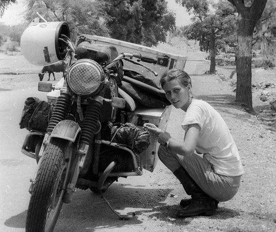 Elspeth Beard with the 1974 BMW R60/6 she rode around the world.