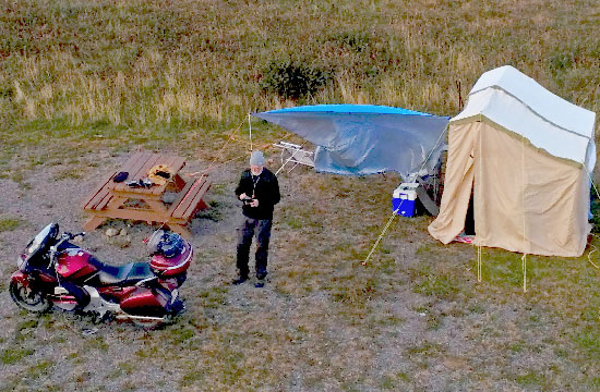 James Gow and drone view of campsite