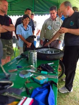 Grant Johnson demonstrates the black art of tyre changing at HU South Africa.
