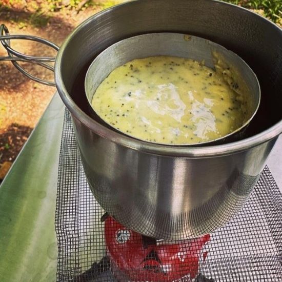 Alex Reponen, Baking on a canister camp stove.