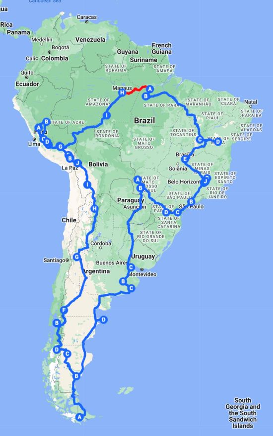 Peter Bodtke. 2023 trip route, Africa.