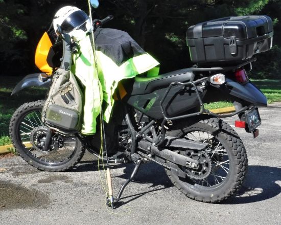 KLR ready with a fly fishing pole.