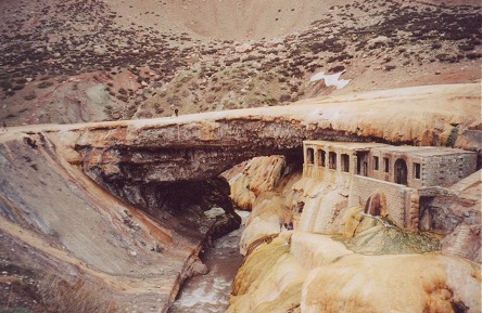 Old bath house of Puente del Inca, warm calcified waters slowly reclaiming the baths