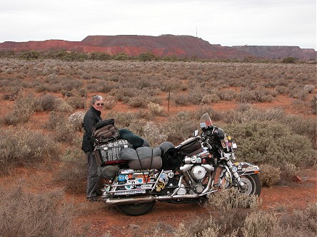Parked amongst salt bush with Iron Knob, iron ore for Whyalla behind