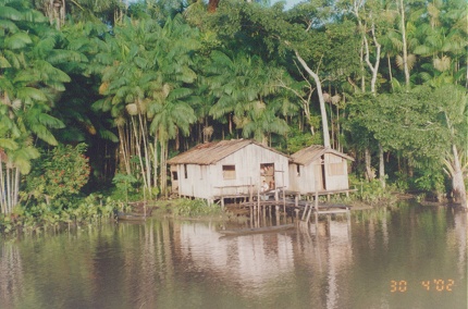 Locals huts perched on the edge of the Amazon