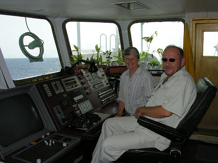 Captain Felix and Kay on the bridge of MV "Smaragd"