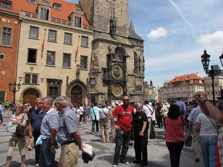 Pavel and Kay outside the clock tower, Prague