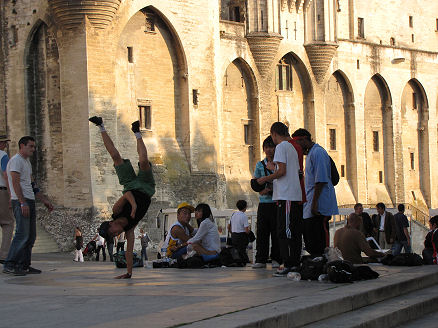 Rap dancers practicing moves on the Palace forecourt, Avingnon