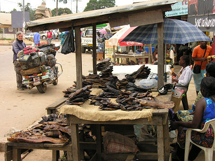 Smoked fish and eel for sale in a small town