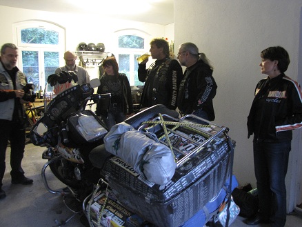 Checking out the motorcycle at Carsten and Brigitta's BBQ