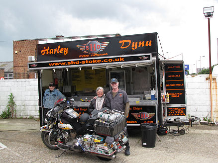 Outside the Harley Dyna Cafe with Red