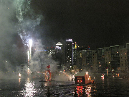 Fire and light show on water, in the Isle of Dogs region of London