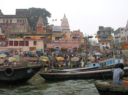 The busy ghat steps down to the Ganges River in Varanassi