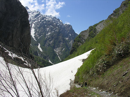 Crossing an avalanche run to Valley of Flowers