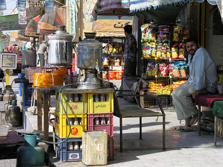 Selling tea from a samavar at a roadside stop
