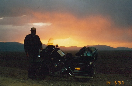 Desert camp at sunset