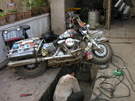 Welding a crack in the frame near the left side footrest