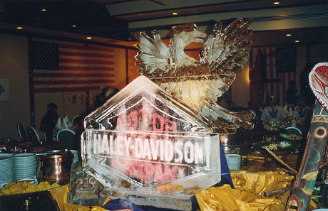 Large ice sculpture with the H-D bar and shield