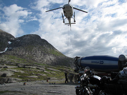 Gravel being helicoptered into a remote area