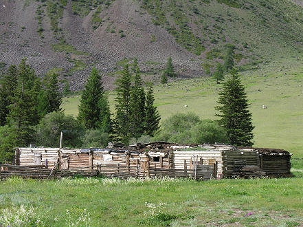 Animal dung, sod roofed house and sheep and goat pens