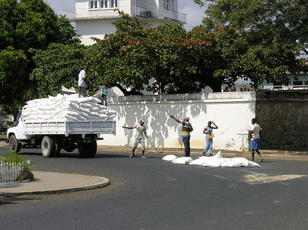 No-one at the port bothered to tie down this load of food aid rice