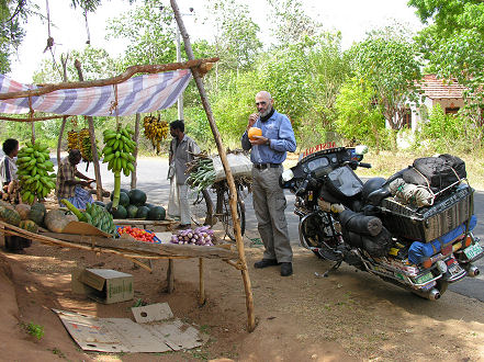 Enjoying milk from a baby coconut at one of many fruit stands