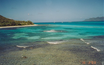 Brochure view of coral reef and tropical island in sunshine