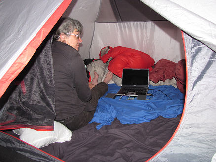 Watching a laptop movie in our tent