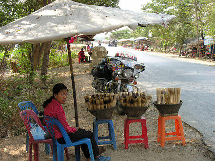 Roadside sweet rice cooked in bamboo sticks