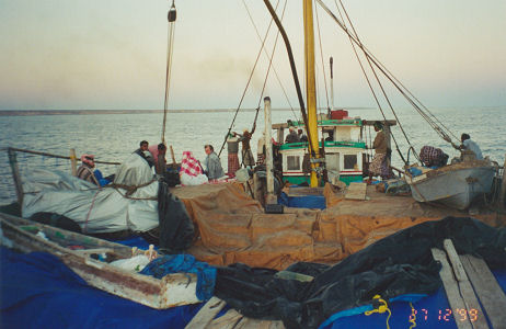 Crossing the Red Sea, motorcycle under its cover and Kay and I slept on deck