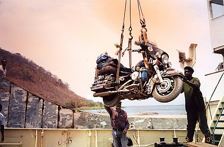 Loading the motorcycle onto MV Liemba for the trip up Lake Tanganyika