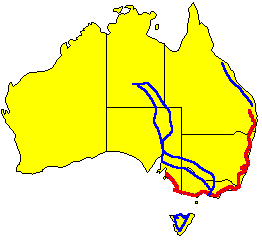 Route through Australia, blue by car, red by bike