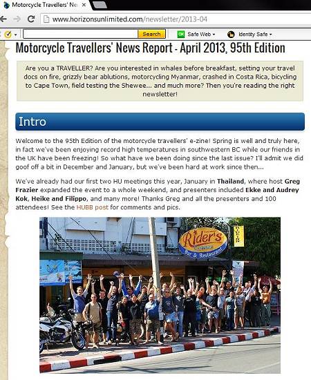The Horizons Unlimited Motorcycle Travellers e-zine.
