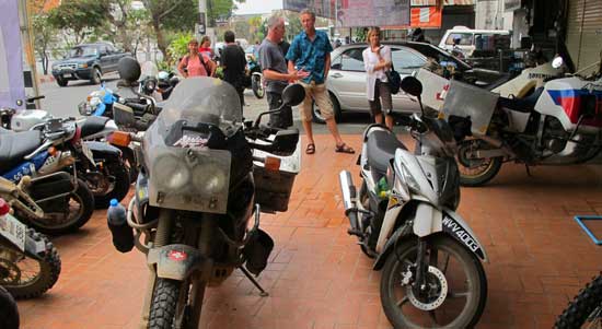 Big and small motorcycles for serious riders to inspect and photograph made for fun tire kicking and telling of tall travel tales.