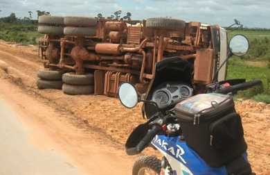 Oops - he's fallen over - truck on it's side.