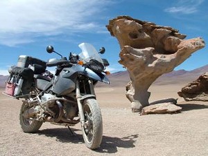 by Brad Houghton, New Zealand; Arbol de Piedra, Parque Nacional Eduardo Avaroa, Bolivia, BMW R1200GS.