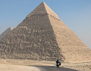 by Ekke Kok of Audrey Allenspach-Kok, Canada; Riding by the pyramid of Chephren in Giza, Egypt on our trip from Munich to Cape Town; F650GS.