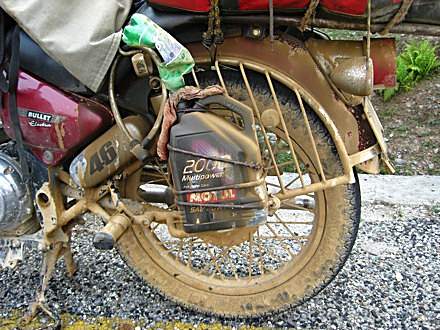 Muddy rear wheel.