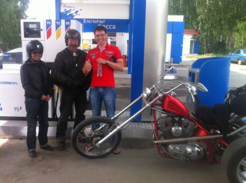 Johanssons with Harley-powered chopper trikes in Russia.